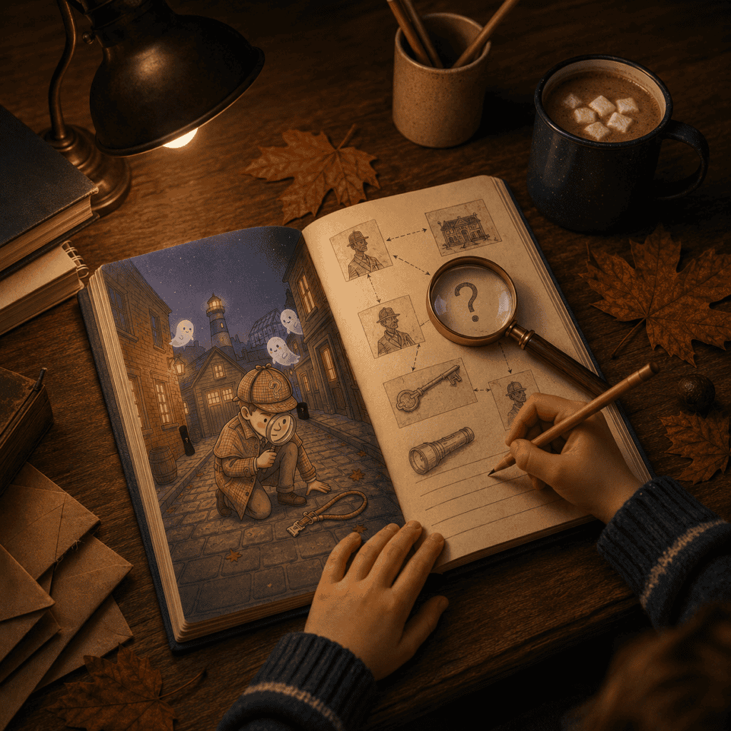 Boy solving a mystery puzzle case in The Bay Hollow Files book