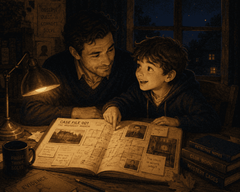 a kid with his kad resolving mystery puzzle book
