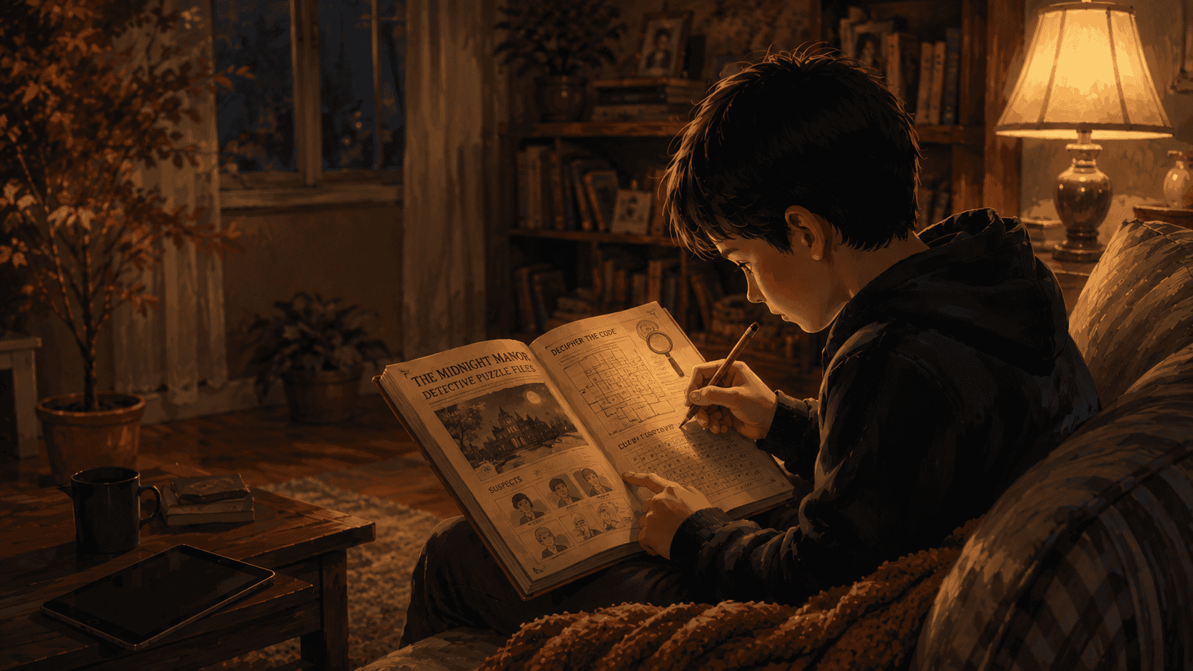 Boy reading a book in a cozy, warmly lit living room at night.