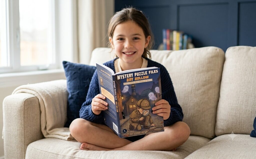 Girl smiling at the camera while reading an open page of The Bay Hollow Files mystery activity book