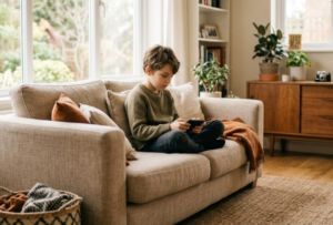 kid in a couch watching his cellphone