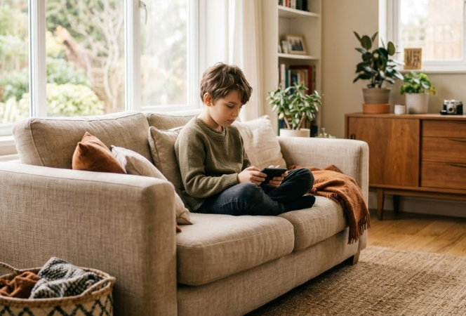 kid in a couch watching his cellphone